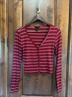 Forever 21 Burgundy & White Striped Button-Front V-Neck Crop Cardigan